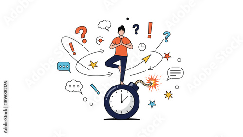 Calm person practices a yoga tree pose while balancing on top of a ticking time bomb to represent finding peace in a stressful world.