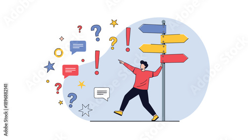 Confused man stands before a signpost with multiple arrows and symbols of doubt while trying to make an important life decision.
