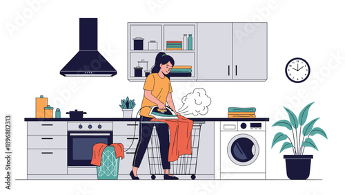 Diligent woman ironing clothes in a modern kitchen and laundry room setting with washing machine and household appliances.