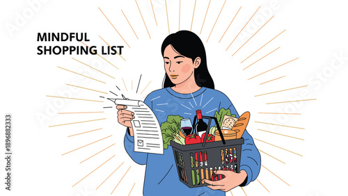 Mindful shopper checking her detailed grocery list while holding a basket full of healthy food, vegetables, and wine.