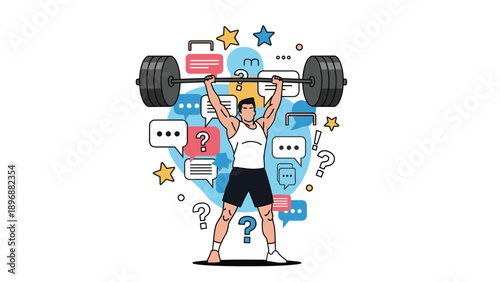 Determined athlete lifting weights with various icons and speech bubbles in the background representing mental focus and external noise.