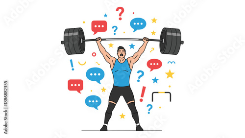 Strong man lifting heavy barbells surrounded by social media icons and questions representing pressure and public expectations.