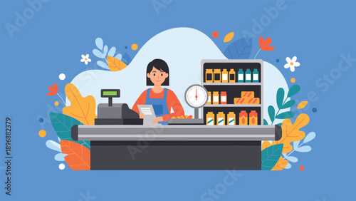 Friendly female cashier working at a supermarket checkout counter with shelves of products and organic floral decorations.