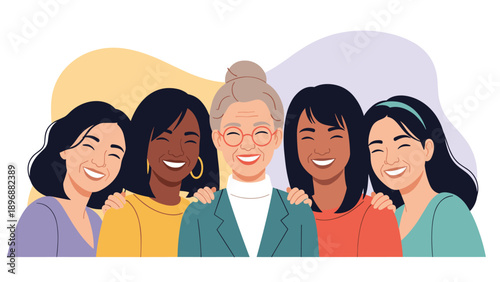 Group of five happy and diverse women of different ages and ethnicities standing together to celebrate sisterhood and unity.