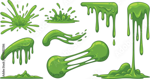 Green Slime Drip and Splash Vector Set for Cartoon Horror Game Comic Design