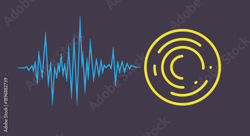 A dynamic blue audio waveform illustrates digital sound processing, leading to an abstract yellow circular symbol, representing modern voice recognition and biometric security.