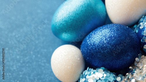 Colorful eggs are arranged on a blue surface with sparkles during a festive time
