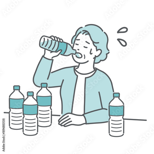 喉が渇いて大量の水を飲む高齢女性のイラスト（糖尿病・多飲・口渇・熱中症）