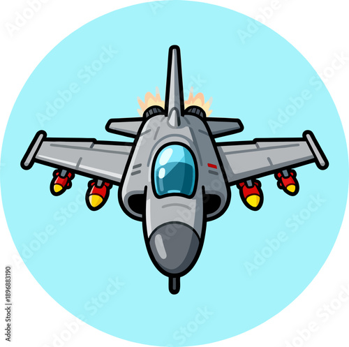 Front view of a cartoon F-16 fighter jet with missiles and jet flames, perfect for vector stock illustrations
