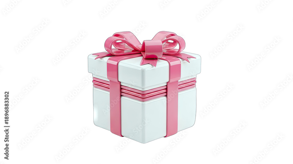 Obraz premium 3D White Gift Box with Pink Ribbon and Bow on transparent background