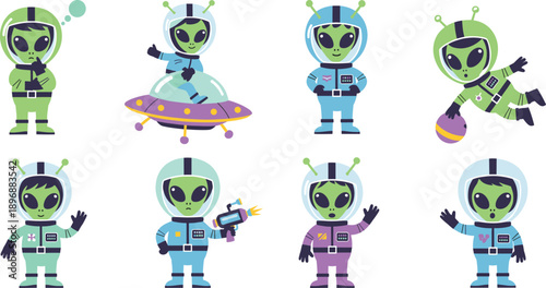 Cute Alien Astronaut Characters Set With Space Suits UFO And Futuristic Sci Fi Poses Flat Vector Illustration