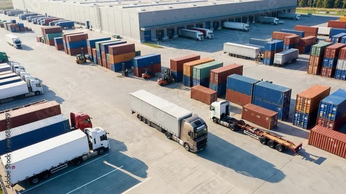 Overhead shot of a white cargo truck in a vast, empty industrial warehouse, showcasing efficient freight logistics. Emphasizes distribution and storage with clean floors and organized loading bays.