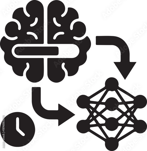 A brain with a progress bar, connected via an arrow to a neural network and a clock.