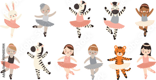 Cute Ballerina Characters Set With Girls And Animal Dancers Performing Ballet In Tutu Dresses Flat Vector Illustration