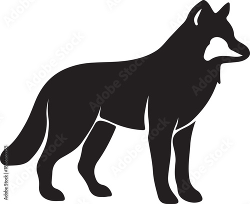 A striking black silhouette of a wolf or coyote standing against a clean white background
