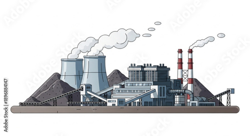 Industrial Power Plant with Cooling Towers and Smokestacks Emitting Steam.