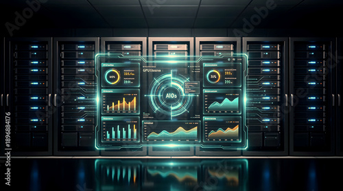 Advanced AIOps holographic interface for real-time monitoring of AI server infrastructure, visualizing performance metrics and data analytics in a high-tech data center.