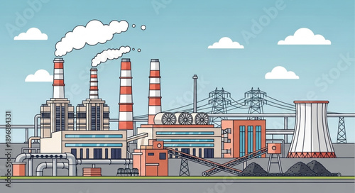 Industrial Power Plant with Smoke Stacks and Cooling Tower.