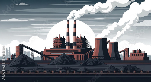 Industrial power plant with smokestacks emitting smoke.