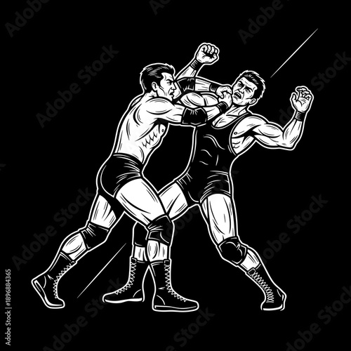 Two wrestlers engaged in a fierce grappling match.