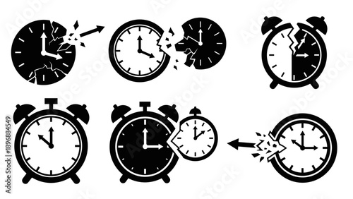 Collection of Broken and Intact Alarm Clocks Illustrating Time Concepts.