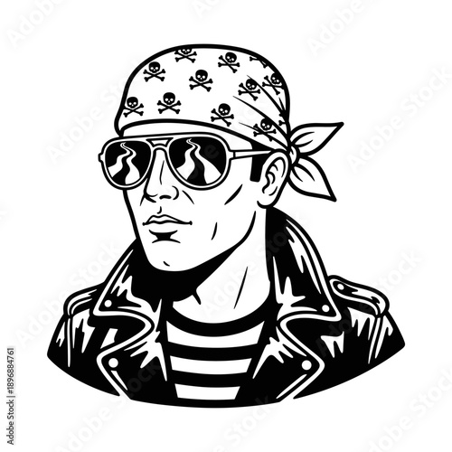 Man Wearing Bandana Sunglasses and Leather Jacket.