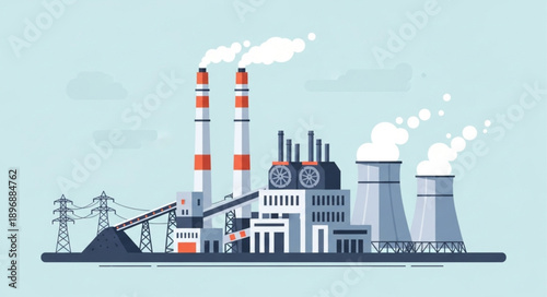 Industrial Power Plant With Smoking Chimneys And Cooling Towers.