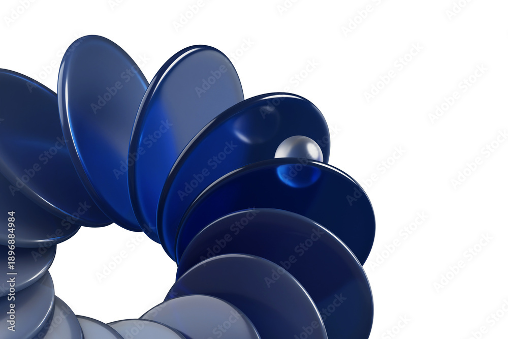 Fototapeta premium Blue glass circle array with crystal sphere on black 3d background. Abstract bg with circular motion effect of gradient transparent discs and clear white ball with light refraction