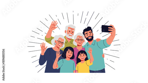 Large multi-generational family of seven people smiling and taking a group selfie with a smartphone to capture a happy memory.