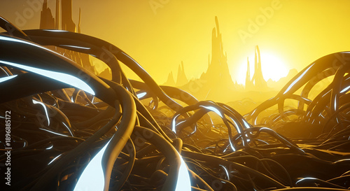 Intricate alien landscape with glowing tendrils under a golden sunset in a surreal environment