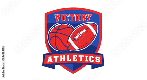 Victory Athletics Logo with Basketball and Football.