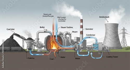 Industrial power plant diagram showing energy generation process.