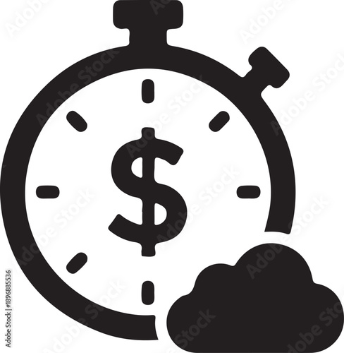 A stopwatch timer with a dollar sign inside, positioned next to a cloud.