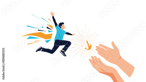 Energetic man jumping towards large helping hands with abstract shapes and stars symbolizing support, mentoring, and opportunity.