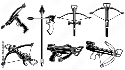 Collection of Vintage Crossbows and Weaponry Illustrations.