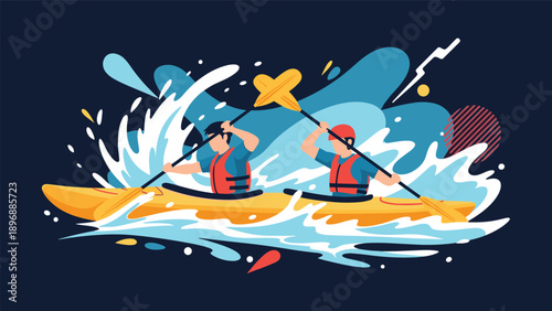 Team of two people in a yellow kayak paddling through splashing blue waves against a dark background with abstract shapes.