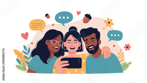 Group of three diverse friends smiling and laughing while taking a group selfie with a smartphone against a colorful backdrop.
