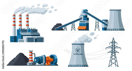 Industrial power plant facilities and equipment illustration.
