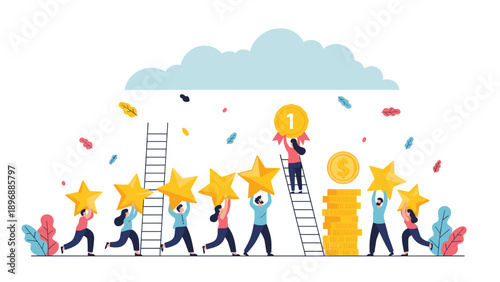 Team of tiny people working together to carry giant stars and climb ladders to reach a gold medal success concept.