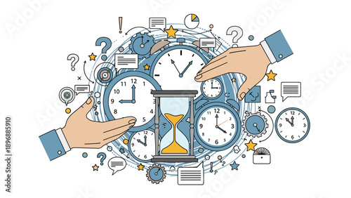 Hourglass positioned in the center surrounded by various clocks and hands reaching out to represent time management and deadlines.