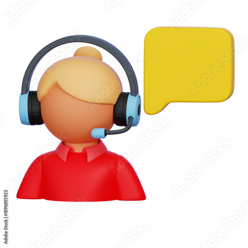 3D illustration of a person with headphones and a speech bubble for communication