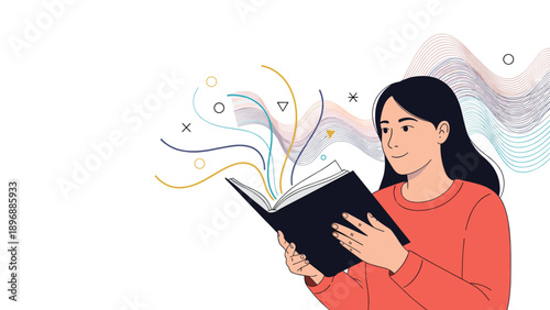Young woman immersed in reading a book with colorful waves and shapes flowing out from the pages representing imagination.