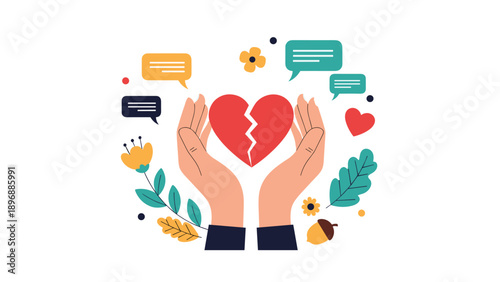 Two hands gently holding a broken heart symbol together surrounded by decorative flowers, leaves, and speech bubbles for emotional support.
