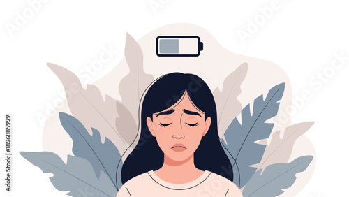 Tired woman with her eyes closed and a low battery icon above her head, symbolizing exhaustion, burnout, or lack of energy.