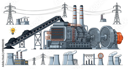 Industrial power plant with conveyor belt and transmission towers.