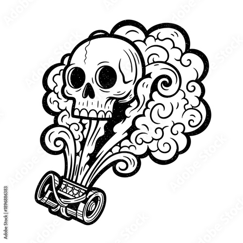 Skull with gas mask and smoke cloud illustration.
