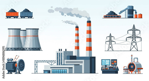 Industrial power plant with cooling towers and chimneys emitting smoke.
