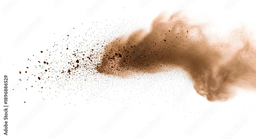 Fototapeta premium Brown powder explosion with particles dispersing in the air, captured from a close-up viewpoint