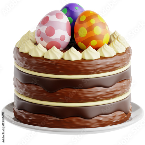 Delicious Chocolate Easter Cake with Decorated Eggs and Cream Swirls
