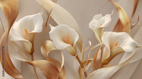 Close-up view of elegant, stylized calla lilies with golden, swirling leaves against a soft beige backdrop. Soft lighting and textures are prevalent